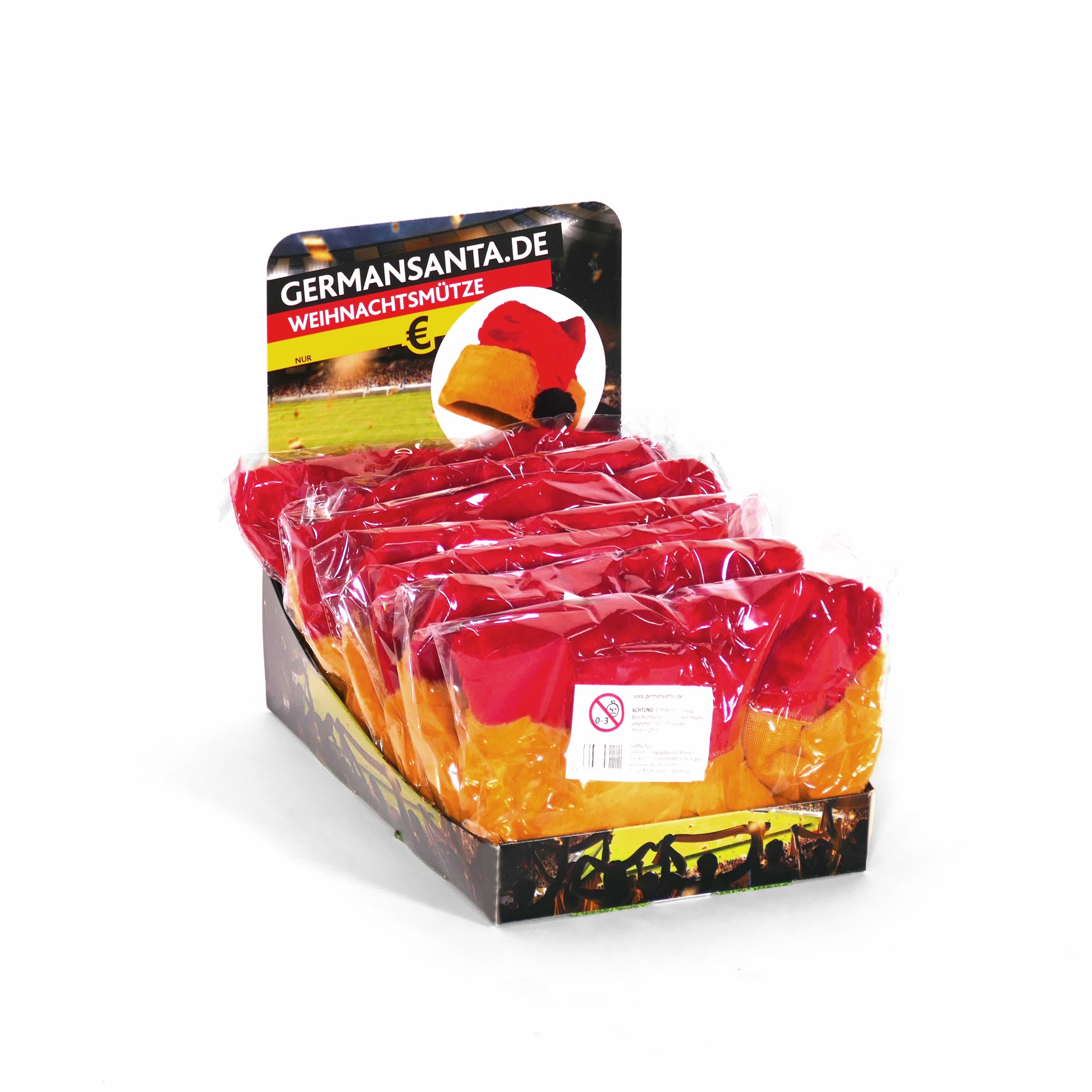 Verkaufsdisplay mit verpackten Weihnachtsmützen